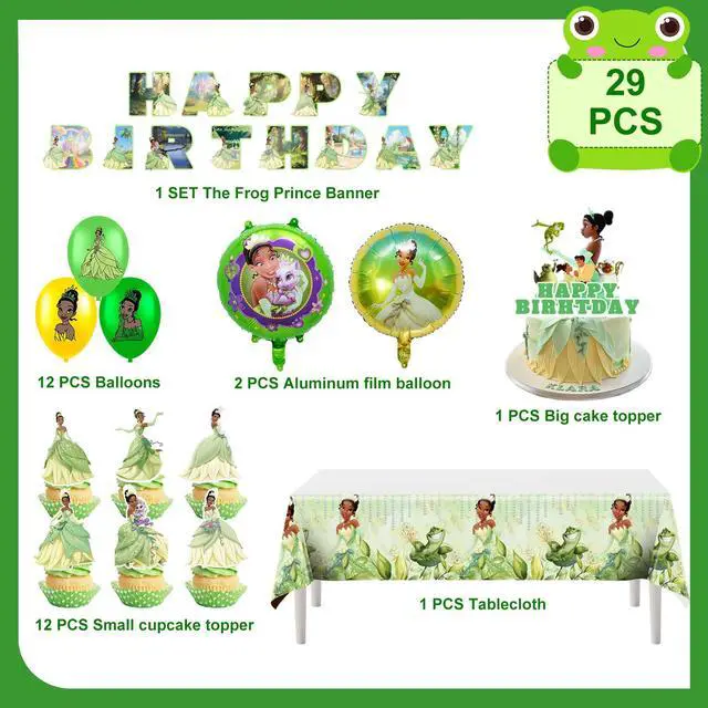 Alt view image 2 of 7 - 29 Pcs The Princess and the Frog Birthday Party Supplies - The Princess and the Frog Balloons Banners Cupcake Toppers Tablecloth etc. Frog and Princess Party Decorations for Kids