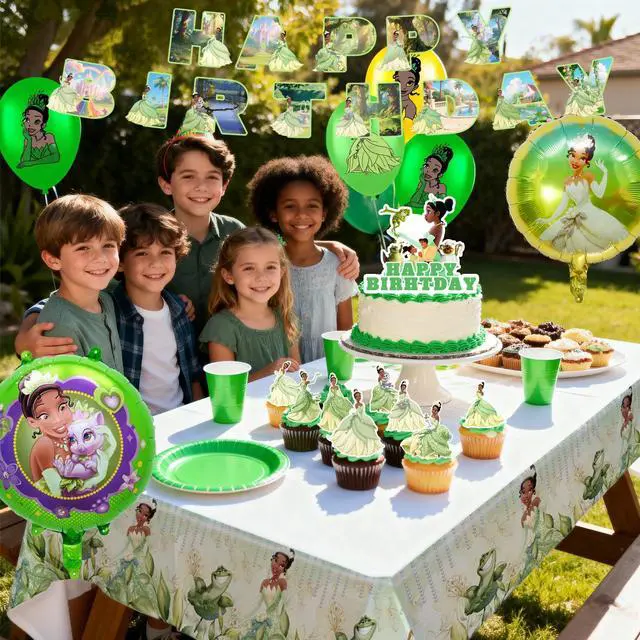 Alt view image 4 of 7 - 29 Pcs The Princess and the Frog Birthday Party Supplies - The Princess and the Frog Balloons Banners Cupcake Toppers Tablecloth etc. Frog and Princess Party Decorations for Kids