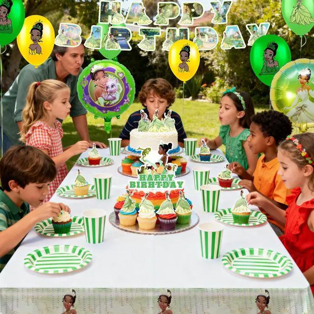 Alt view image 7 of 7 - 29 Pcs The Princess and the Frog Birthday Party Supplies - The Princess and the Frog Balloons Banners Cupcake Toppers Tablecloth etc. Frog and Princess Party Decorations for Kids