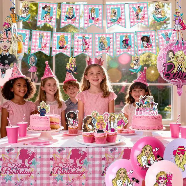 Alt view image 6 of 7 - Barbi Birthday Party Supplies, 35 Pcs Barbi Princess Party Decorations Set - Princess Barbi Birthday Decorations Banner Tablecloth & Barbi Balloons Cake Toppers etc Barbi Party Supplies