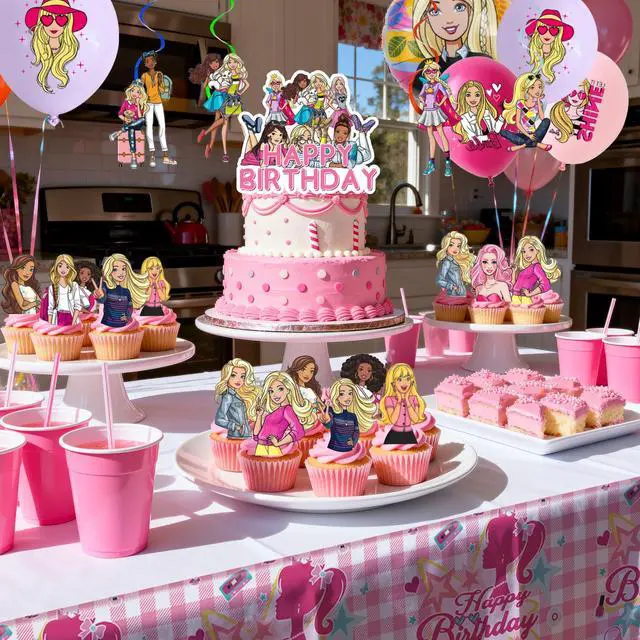 Alt view image 4 of 7 - Barbi Birthday Party Supplies, 35 Pcs Barbi Princess Party Decorations Set - Princess Barbi Birthday Decorations Banner Tablecloth & Barbi Balloons Cake Toppers etc Barbi Party Supplies