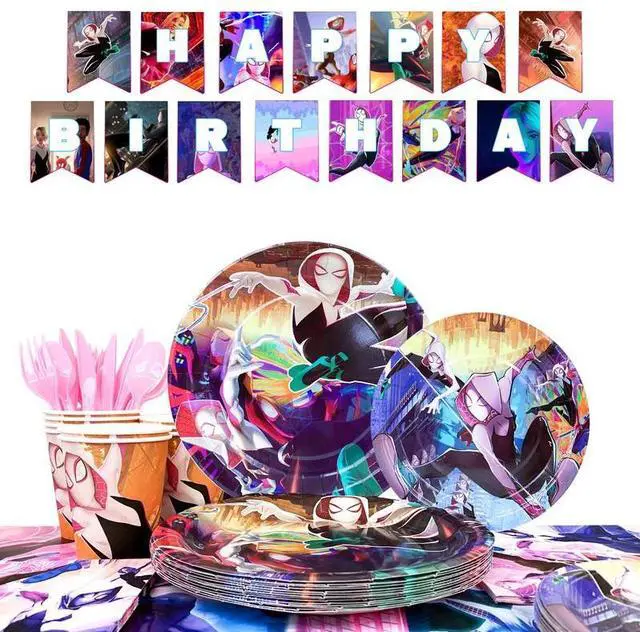 Main image of 114 Pcs Spider Gwen Birthday Party Decoration & Tableware Set - Spider Gwen Tablecloth Banners Plates Napkins Cups etc Spider Gwen Birthday Party Decorations for Spider Gwen Party Supplies