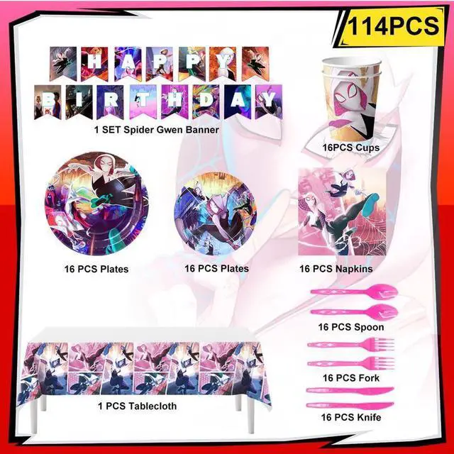 Alt view image 2 of 7 - 114 Pcs Spider Gwen Birthday Party Decoration & Tableware Set - Spider Gwen Tablecloth Banners Plates Napkins Cups etc Spider Gwen Birthday Party Decorations for Spider Gwen Party Supplies