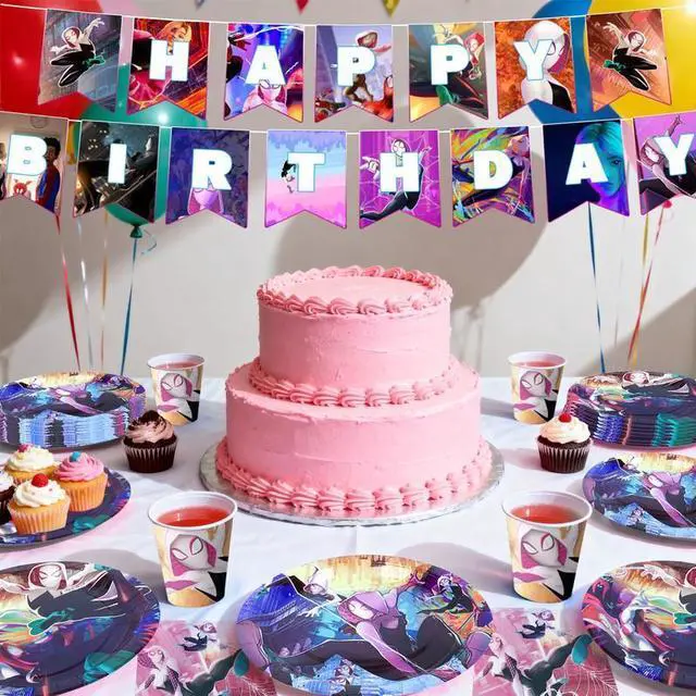 Alt view image 3 of 7 - 114 Pcs Spider Gwen Birthday Party Decoration & Tableware Set - Spider Gwen Tablecloth Banners Plates Napkins Cups etc Spider Gwen Birthday Party Decorations for Spider Gwen Party Supplies