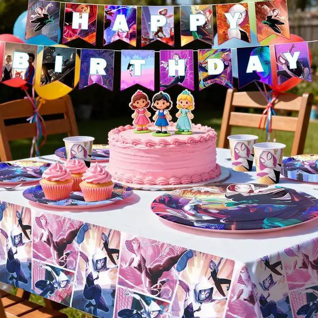 Alt view image 4 of 7 - 114 Pcs Spider Gwen Birthday Party Decoration & Tableware Set - Spider Gwen Tablecloth Banners Plates Napkins Cups etc Spider Gwen Birthday Party Decorations for Spider Gwen Party Supplies