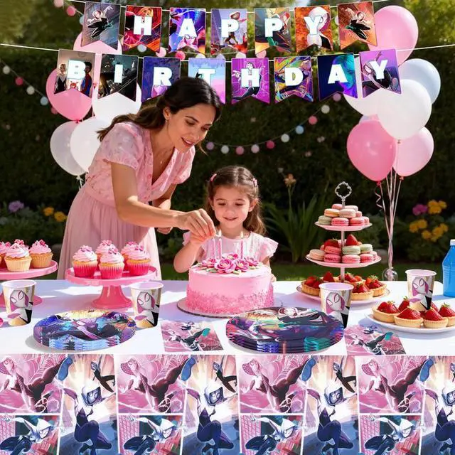 Alt view image 6 of 7 - 114 Pcs Spider Gwen Birthday Party Decoration & Tableware Set - Spider Gwen Tablecloth Banners Plates Napkins Cups etc Spider Gwen Birthday Party Decorations for Spider Gwen Party Supplies