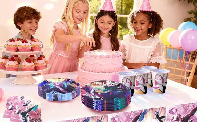Alt view image 7 of 7 - 114 Pcs Spider Gwen Birthday Party Decoration & Tableware Set - Spider Gwen Tablecloth Banners Plates Napkins Cups etc Spider Gwen Birthday Party Decorations for Spider Gwen Party Supplies