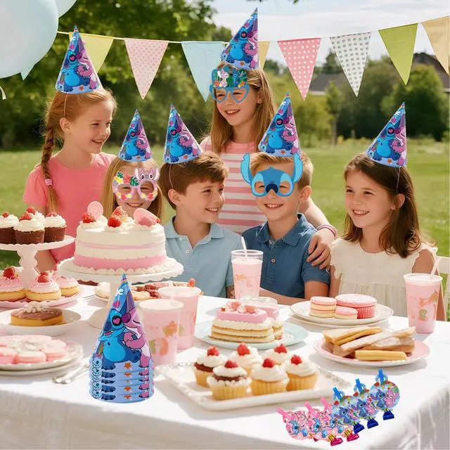 Alt view image 4 of 7 - 36 Pcs Stitch Birthday Party Supplies - Stitch Party Paper Hat Glasses & Stitch Blowout Toys for Stitch Party Favors Supplies