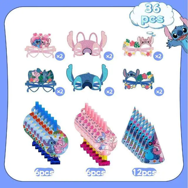 Alt view image 2 of 7 - 36 Pcs Stitch Birthday Party Supplies - Stitch Party Paper Hat Glasses & Stitch Blowout Toys for Stitch Party Favors Supplies