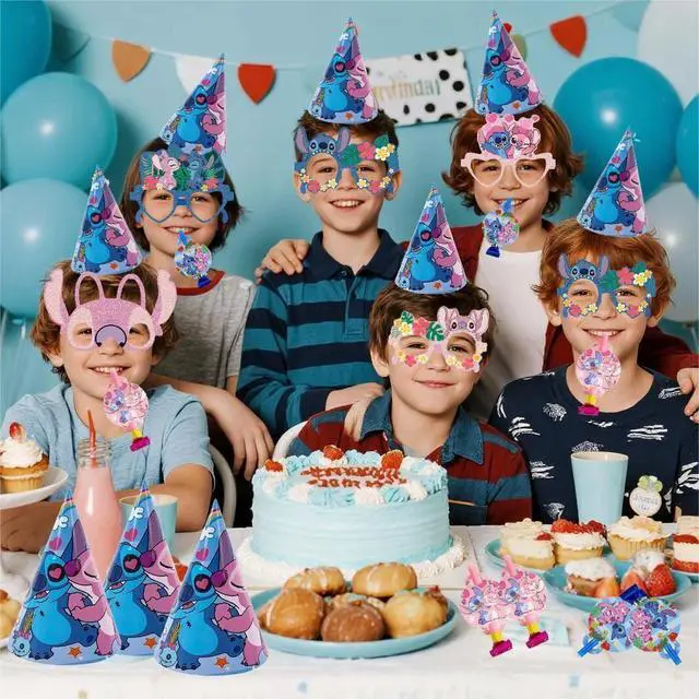 Alt view image 7 of 7 - 36 Pcs Stitch Birthday Party Supplies - Stitch Party Paper Hat Glasses & Stitch Blowout Toys for Stitch Party Favors Supplies