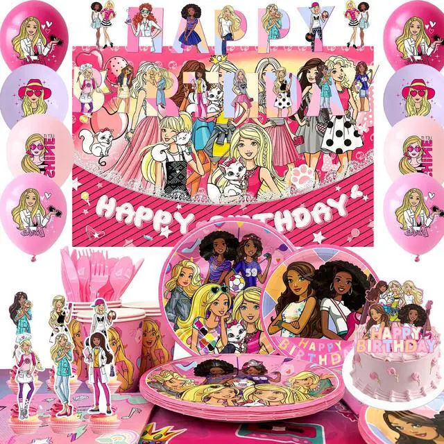 Main image of Barbi Birthday Decorations, 98 Pcs Princess Barbi Party Decorations & Tableware Set - Barbi Princess Cake Topper Backdrop Plates Tablecloth etc Barbi Birthday Party Supplies