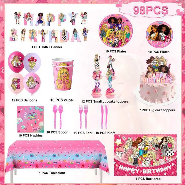 Alt view image 2 of 7 - Barbi Birthday Decorations, 98 Pcs Princess Barbi Party Decorations & Tableware Set - Barbi Princess Cake Topper Backdrop Plates Tablecloth etc Barbi Birthday Party Supplies