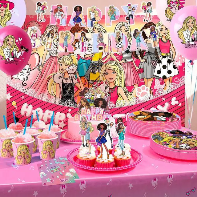 Alt view image 3 of 7 - Barbi Birthday Decorations, 98 Pcs Princess Barbi Party Decorations & Tableware Set - Barbi Princess Cake Topper Backdrop Plates Tablecloth etc Barbi Birthday Party Supplies