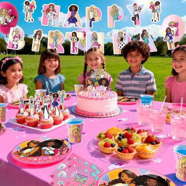 Alt view image 5 of 7 - Barbi Birthday Decorations, 98 Pcs Princess Barbi Party Decorations & Tableware Set - Barbi Princess Cake Topper Backdrop Plates Tablecloth etc Barbi Birthday Party Supplies