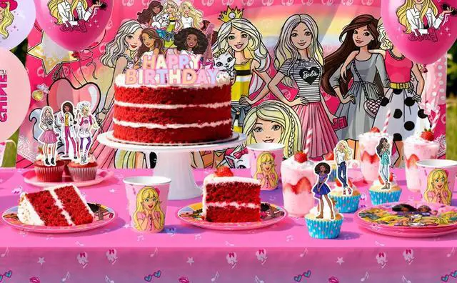 Alt view image 7 of 7 - Barbi Birthday Decorations, 98 Pcs Princess Barbi Party Decorations & Tableware Set - Barbi Princess Cake Topper Backdrop Plates Tablecloth etc Barbi Birthday Party Supplies