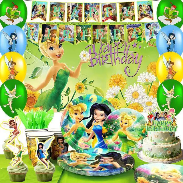Main image of 112 Pcs Tinker Bell Party Decorations & Tinkerbell Party Tableware Set - Tinkerbell Birthday Backdrop Banners Balloons Plates Tablecloth etc Tinker Bell Birthday Party Supplies