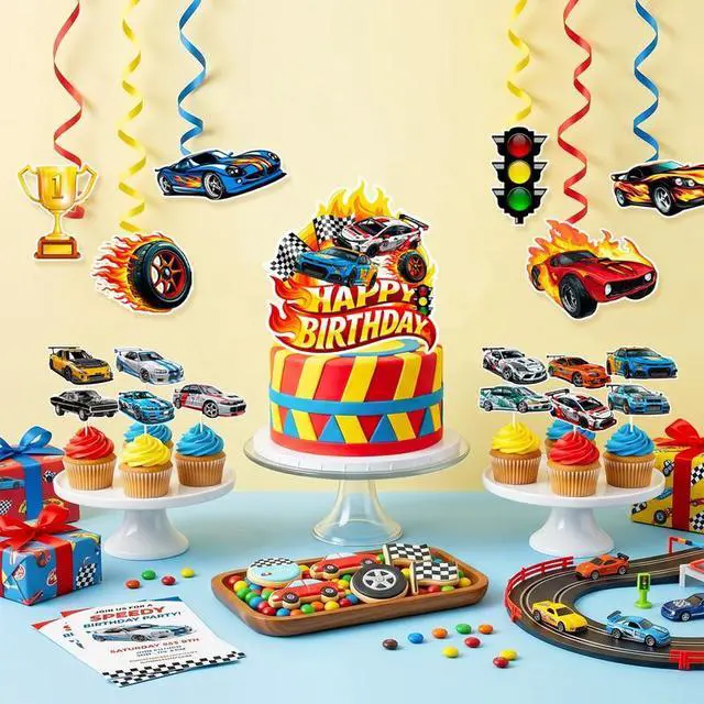 Alt view image 3 of 7 - 49 Pcs Hot Wheels Birthday Decorations Set - Hot Wheels Banner Balloons Tablecloth Cake Toppers Spirals etc Hot Wheels Party Decorations for Hot Wheels Birthday Party Supplies