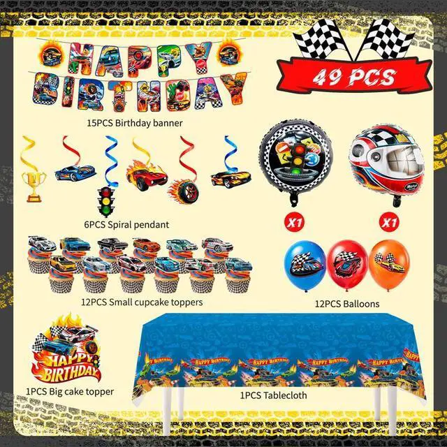 Alt view image 2 of 7 - 49 Pcs Hot Wheels Birthday Decorations Set - Hot Wheels Banner Balloons Tablecloth Cake Toppers Spirals etc Hot Wheels Party Decorations for Hot Wheels Birthday Party Supplies