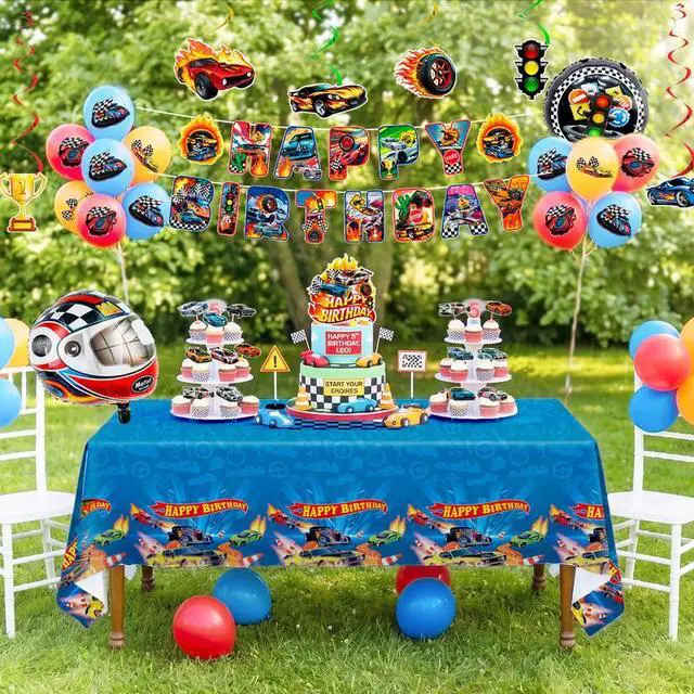 Alt view image 4 of 7 - 49 Pcs Hot Wheels Birthday Decorations Set - Hot Wheels Banner Balloons Tablecloth Cake Toppers Spirals etc Hot Wheels Party Decorations for Hot Wheels Birthday Party Supplies