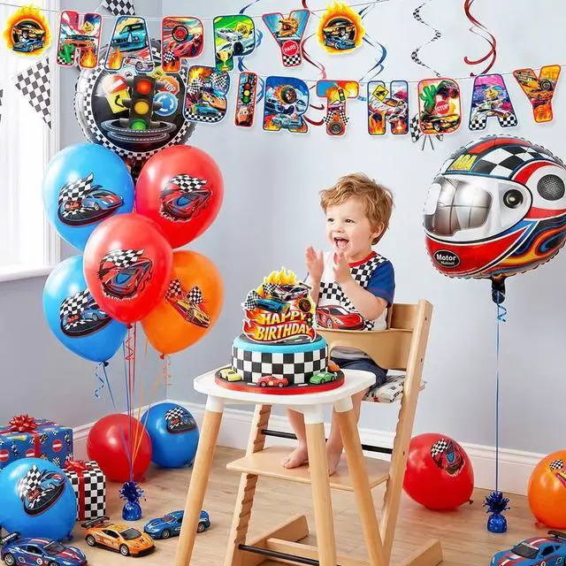 Alt view image 5 of 7 - 49 Pcs Hot Wheels Birthday Decorations Set - Hot Wheels Banner Balloons Tablecloth Cake Toppers Spirals etc Hot Wheels Party Decorations for Hot Wheels Birthday Party Supplies