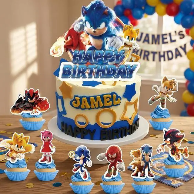Alt view image 3 of 7 - Sonic Cake Decorations, 25 Pcs Sonic Cake Toppers Set - 1 Pcs Sonic Birthday Cake Topper & 24 Pcs Sonic Cupcake Toppers for Boys/Girls Kids Sonic Birthday Decorations Supplies