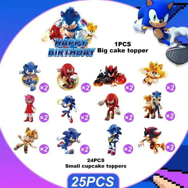 Alt view image 2 of 7 - Sonic Cake Decorations, 25 Pcs Sonic Cake Toppers Set - 1 Pcs Sonic Birthday Cake Topper & 24 Pcs Sonic Cupcake Toppers for Boys/Girls Kids Sonic Birthday Decorations Supplies