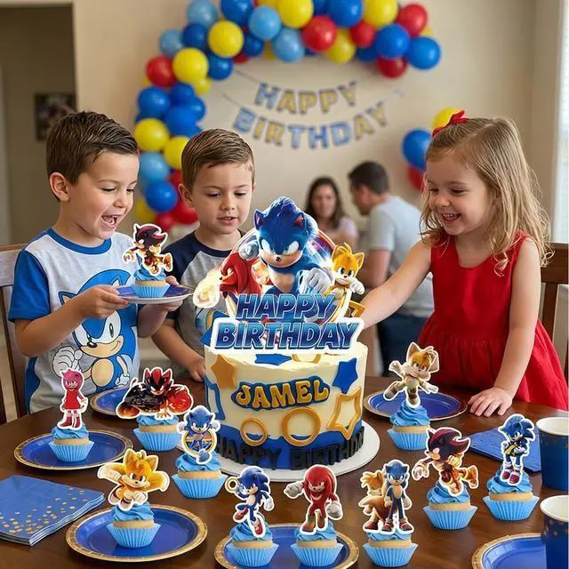 Alt view image 4 of 7 - Sonic Cake Decorations, 25 Pcs Sonic Cake Toppers Set - 1 Pcs Sonic Birthday Cake Topper & 24 Pcs Sonic Cupcake Toppers for Boys/Girls Kids Sonic Birthday Decorations Supplies