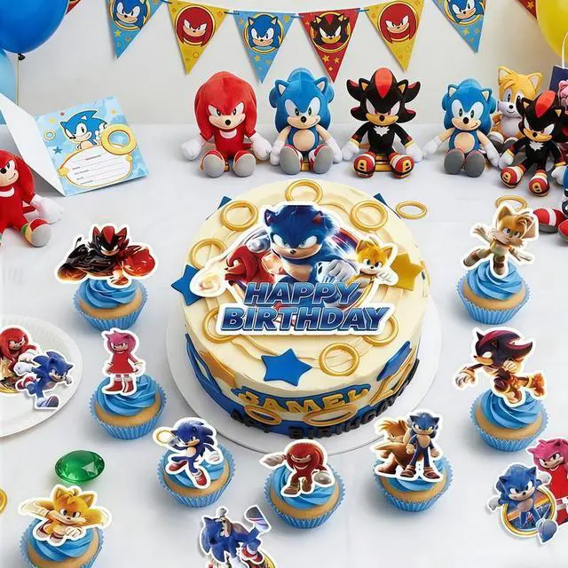 Alt view image 6 of 7 - Sonic Cake Decorations, 25 Pcs Sonic Cake Toppers Set - 1 Pcs Sonic Birthday Cake Topper & 24 Pcs Sonic Cupcake Toppers for Boys/Girls Kids Sonic Birthday Decorations Supplies