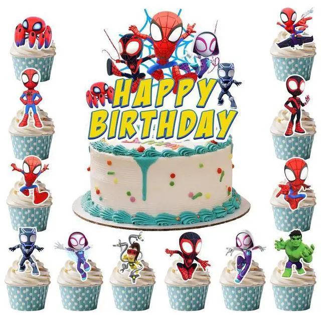 Main image of Spiderman & Friends Cake Decorations, 24 Pcs Spiderman Cupcake Toppers + 1 Pcs Big Spiderman Cake Topper for Spiderman & Friends Birthday Party Decorations Boys/Girls Kids