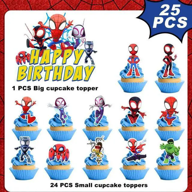 Alt view image 2 of 7 - Spiderman & Friends Cake Decorations, 24 Pcs Spiderman Cupcake Toppers + 1 Pcs Big Spiderman Cake Topper for Spiderman & Friends Birthday Party Decorations Boys/Girls Kids