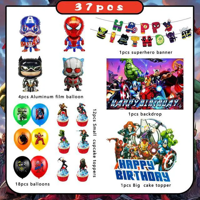 Alt view image 2 of 7 - Superhero Birthday Party Supplies, 37 Pcs Superhero Party Decorations Set - Superhero Banner Cake Toppers + Superhero Birthday Balloons for Kids Superhero Birthday Party Decorations