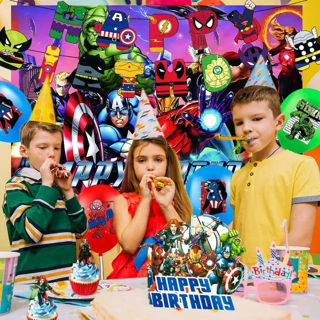 Alt view image 3 of 7 - Superhero Birthday Party Supplies, 37 Pcs Superhero Party Decorations Set - Superhero Banner Cake Toppers + Superhero Birthday Balloons for Kids Superhero Birthday Party Decorations