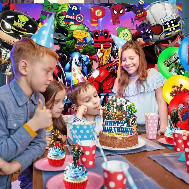 Alt view image 5 of 7 - Superhero Birthday Party Supplies, 37 Pcs Superhero Party Decorations Set - Superhero Banner Cake Toppers + Superhero Birthday Balloons for Kids Superhero Birthday Party Decorations