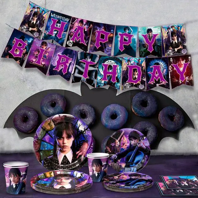 Alt view image 2 of 7 - Wednesday Birthday Party Tableware, 114 Pcs Wednesday Party Supplies Tableware - Wednesday Tablecloth Banner Plates Napkins Cups for Wednesday Birthday Party Decoration, Serves 16