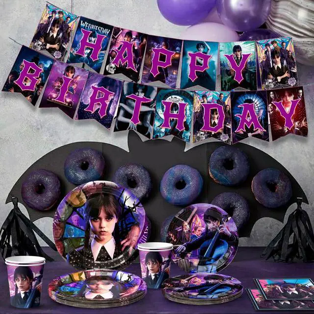 Alt view image 4 of 7 - Wednesday Birthday Party Tableware, 114 Pcs Wednesday Party Supplies Tableware - Wednesday Tablecloth Banner Plates Napkins Cups for Wednesday Birthday Party Decoration, Serves 16