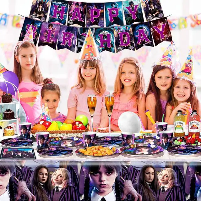 Alt view image 5 of 7 - Wednesday Birthday Party Tableware, 114 Pcs Wednesday Party Supplies Tableware - Wednesday Tablecloth Banner Plates Napkins Cups for Wednesday Birthday Party Decoration, Serves 16