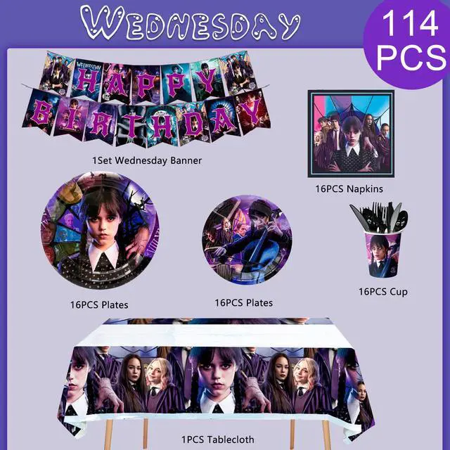Alt view image 3 of 7 - Wednesday Birthday Party Tableware, 114 Pcs Wednesday Party Supplies Tableware - Wednesday Tablecloth Banner Plates Napkins Cups for Wednesday Birthday Party Decoration, Serves 16