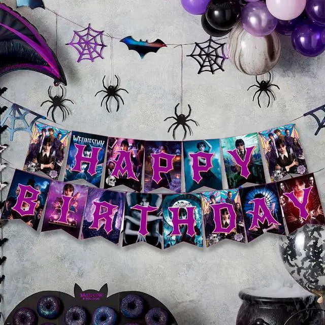 Alt view image 7 of 7 - Wednesday Birthday Party Tableware, 114 Pcs Wednesday Party Supplies Tableware - Wednesday Tablecloth Banner Plates Napkins Cups for Wednesday Birthday Party Decoration, Serves 16