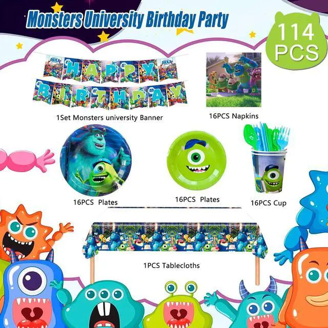Alt view image 2 of 7 - Monsters Inc. Birthday Party Decoration Tableware, 114 Pcs Monsters Inc. Party Supplies Tableware - Monsters Inc. Tablecloth Banner Plates Napkins Cups for Monsters Inc. Birthday Party Decorations