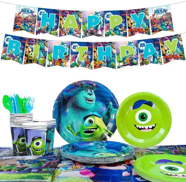 Main image of Monsters Inc. Birthday Party Decoration Tableware, 114 Pcs Monsters Inc. Party Supplies Tableware - Monsters Inc. Tablecloth Banner Plates Napkins Cups for Monsters Inc. Birthday Party Decorations