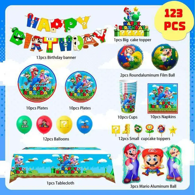 Alt view image 2 of 7 - Mario Birthday Party Supplies, 123 Pcs Mario Party Decorations & Tableware Set - Super Mario Bros Balloons Banner & Mario Party Plates Napkins Tablecloth etc Super Mario Party Supplies for Boys Kids