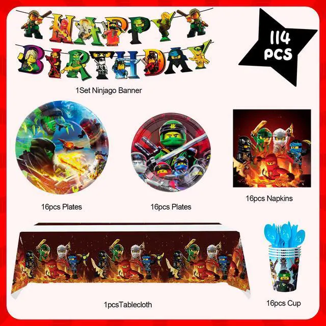 Alt view image 2 of 7 - 114 Pcs Ninja Birthday Party Decorations & Tableware Set - Ninja Birthday Table Cloth Banner Plates Napkins Cups etc Ninja Birthday Party Decorations for Ninja Party Supplies