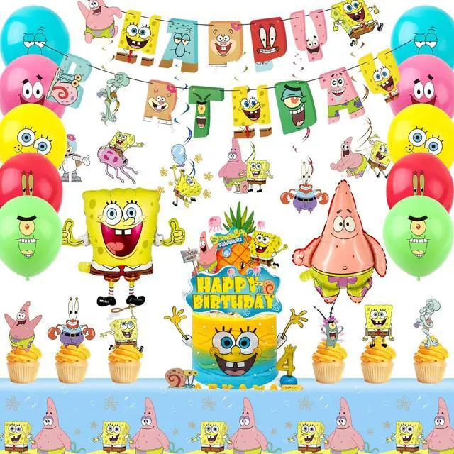 Main image of 38 Pcs SpongeBob Party Decorations Set - SpongeBob Birthday Banner Tablecloth Spiral Decorations & SpongeBob Balloon Cake Topper etc SpongeBob Birthday Party Supplies