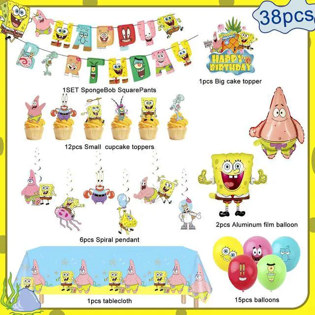 Alt view image 2 of 7 - 38 Pcs SpongeBob Party Decorations Set - SpongeBob Birthday Banner Tablecloth Spiral Decorations & SpongeBob Balloon Cake Topper etc SpongeBob Birthday Party Supplies