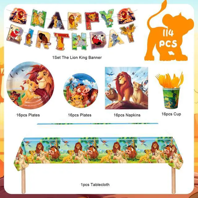 Alt view image 2 of 7 - 114 Pcs The Lion King Simba Birthday Party Decorations & Tableware Set - The Lion King Table Cloth Banner Plates Napkins Cups etc Lion King Birthday Party Decorations for Lion King Party Supplies