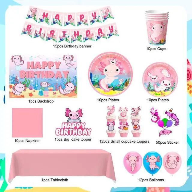 Alt view image 2 of 7 - Axolotl Birthday Decorations Party Supplies,162 Pcs Axolotl Party Decorations&Axolotl Tableware Set- Axolotl Party Plates Napkins Tableclot Backdrop Balloons Banner etc Axolotl Birthday Party Supplies