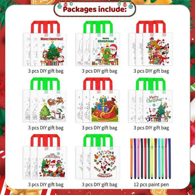 Alt view image 2 of 7 - Large Christmas Coloring Canvas Bag, 24pcs Merry Christmas Color Your Own Tote Bags/Christmas Coloring Canvas Tote Bag for Christmas Party + 12pcs Christmas Coloring Pencils for Xmas Party Decorations