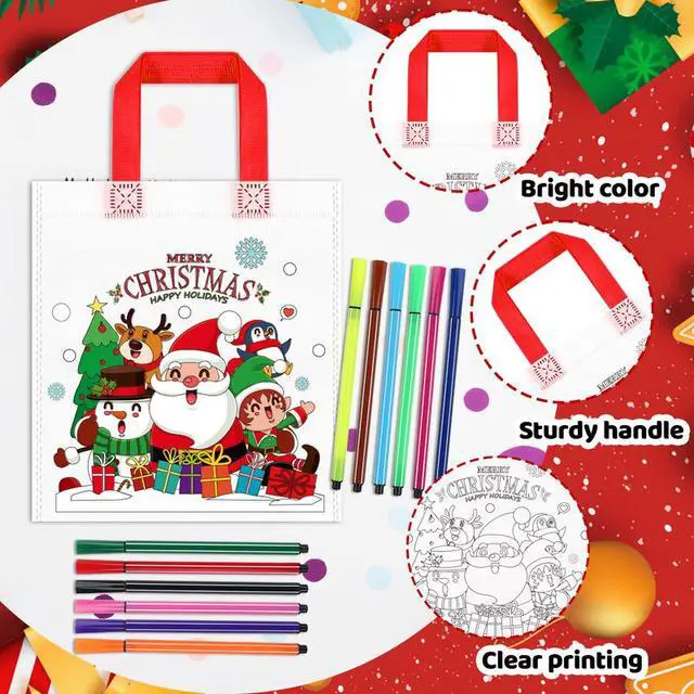 Alt view image 4 of 7 - Large Christmas Coloring Canvas Bag, 24pcs Merry Christmas Color Your Own Tote Bags/Christmas Coloring Canvas Tote Bag for Christmas Party + 12pcs Christmas Coloring Pencils for Xmas Party Decorations