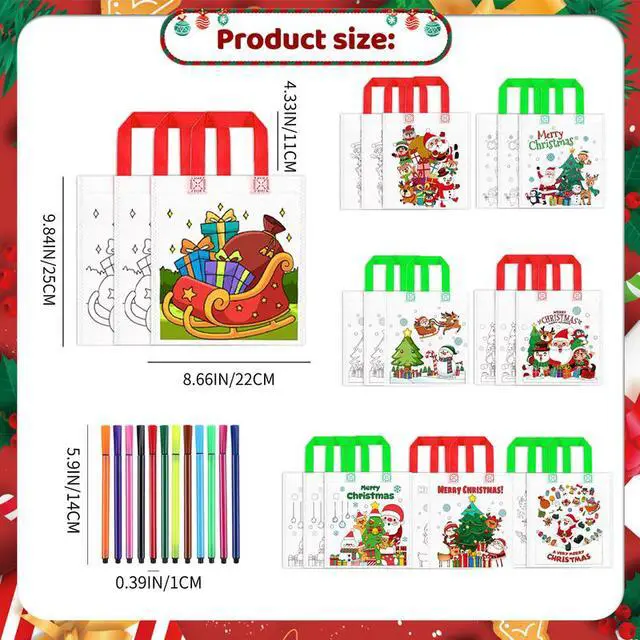 Alt view image 7 of 7 - Large Christmas Coloring Canvas Bag, 24pcs Merry Christmas Color Your Own Tote Bags/Christmas Coloring Canvas Tote Bag for Christmas Party + 12pcs Christmas Coloring Pencils for Xmas Party Decorations