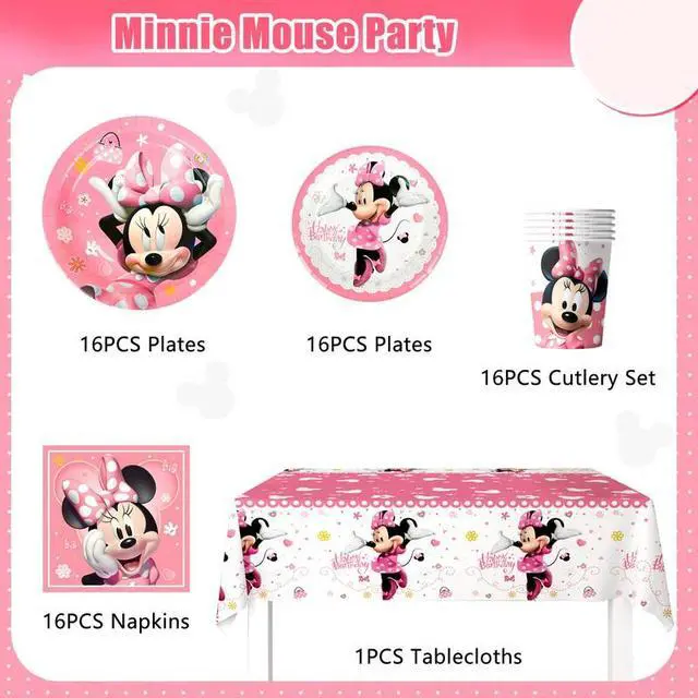 Alt view image 2 of 7 - Minnie Birthday Party Supplies,113pcs Minnie Mouse Party Decorations Tableware Set - Minnie Mouse Plates and Napkins Cups & Minnie Mouse Table Cloth etc Minnie Mouse Birthday Tableware for Girls Kids